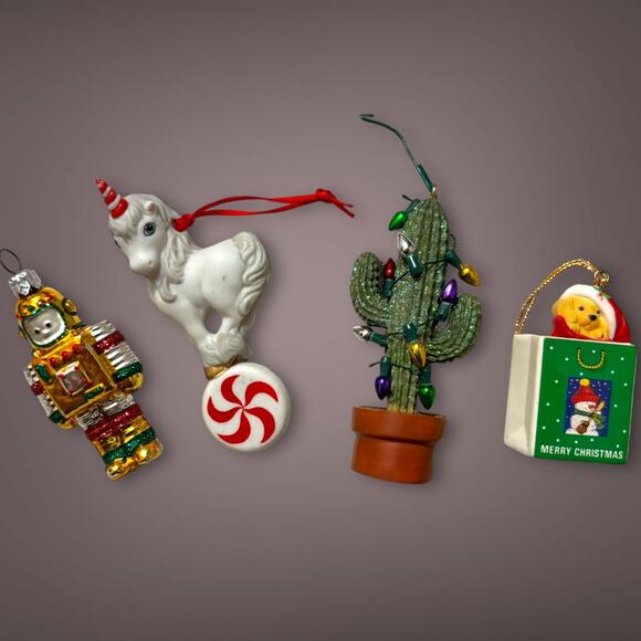Lot of 4 Vintage & Modern Christmas Ornaments – Robot, Unicorn, Cactus, Puppy - Picture 2 of 7